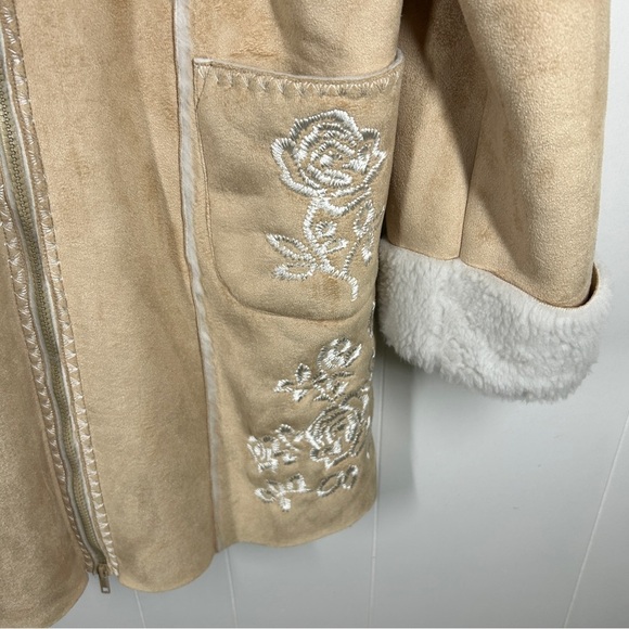 Faux Suede and Fur Zip Up Tan Coat with Floral Embroidery Large - Picture 3 of 7